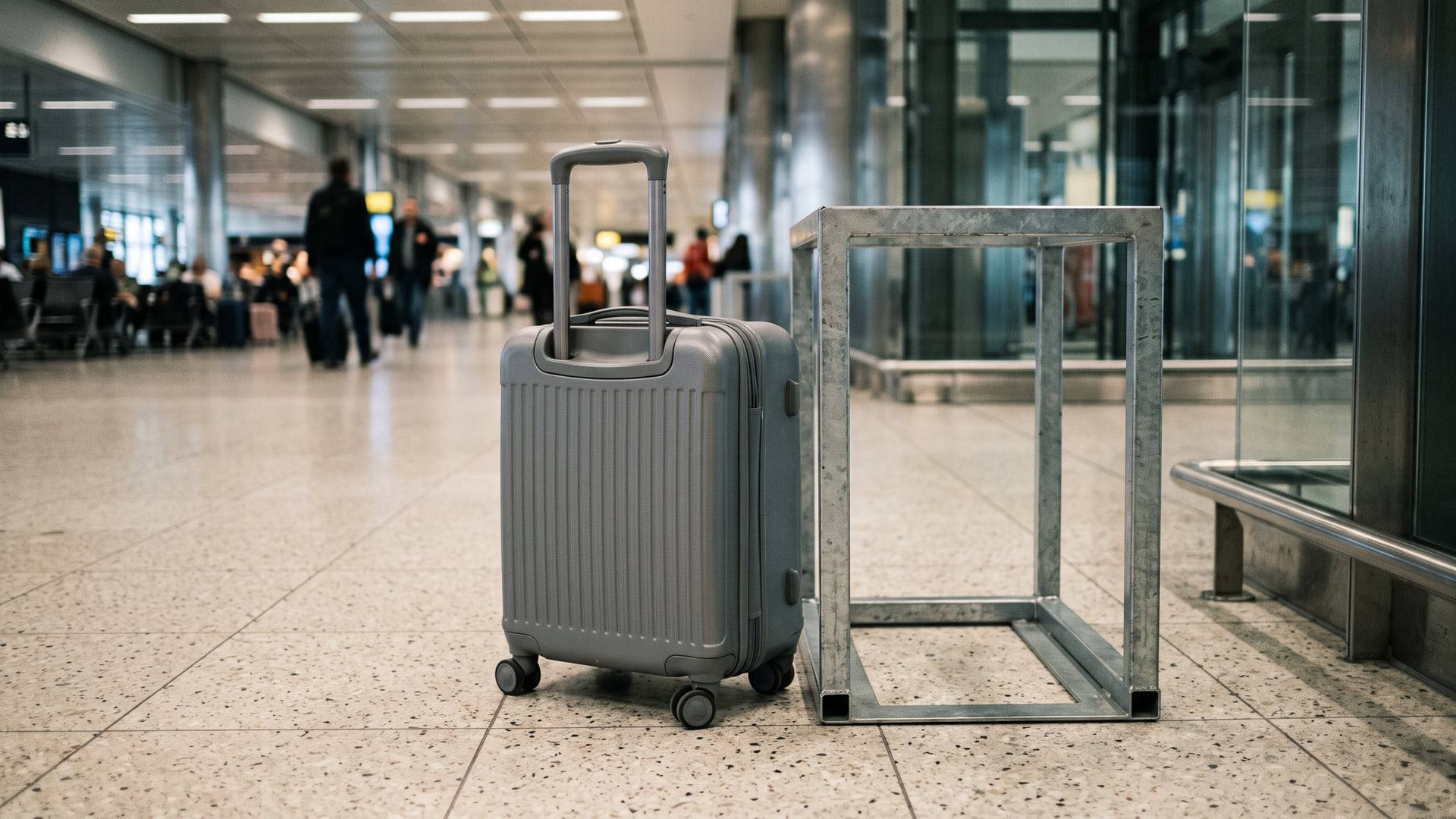 Valise cabine rigide posée à côté d'un gabarit métallique de contrôle de bagage dans un terminal d'aéroport