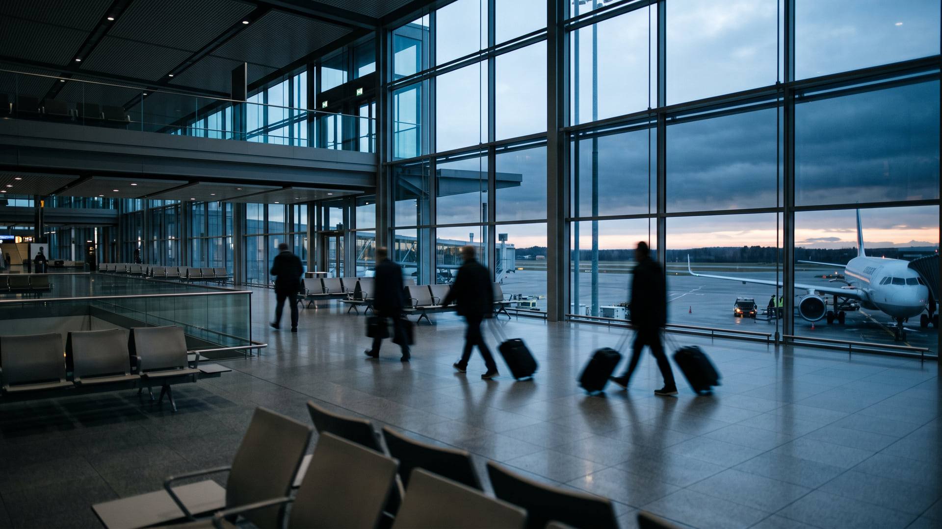Hall d'aéroport aux grandes baies vitrées à l'aube, silhouettes de voyageurs floues et aile d'avion au loin