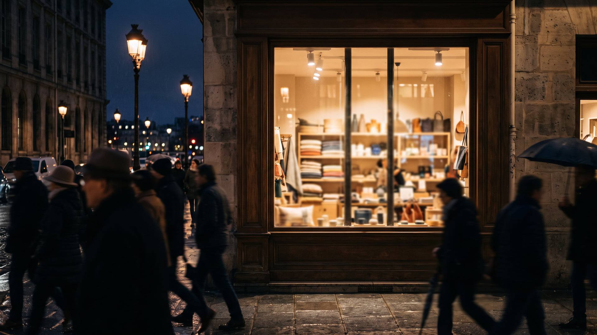 Vitrine de boutique de centre-ville un soir de novembre, reflets de lampadaires sur le verre et silhouettes de passants floues