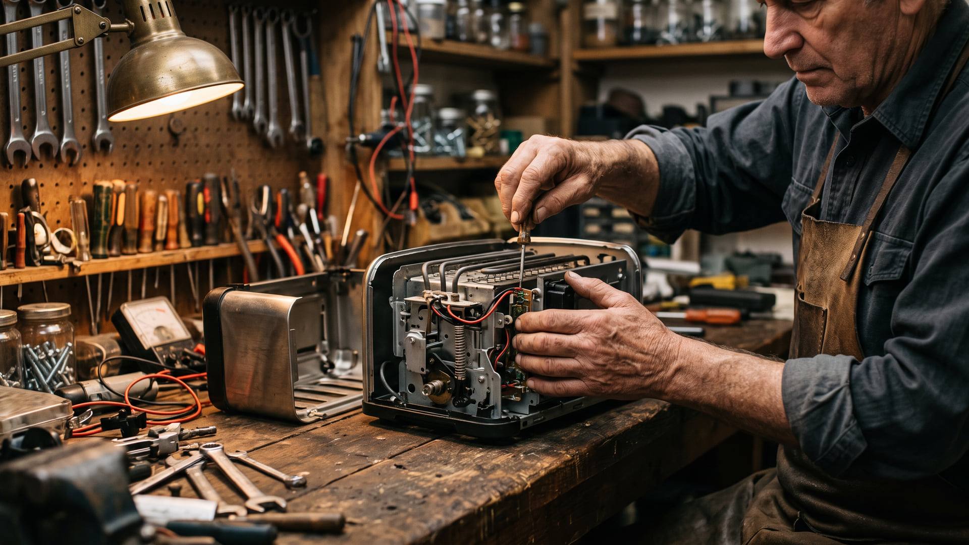 Mains d'artisan tenant un petit appareil électroménager démonté au-dessus d'un établi couvert d'outils