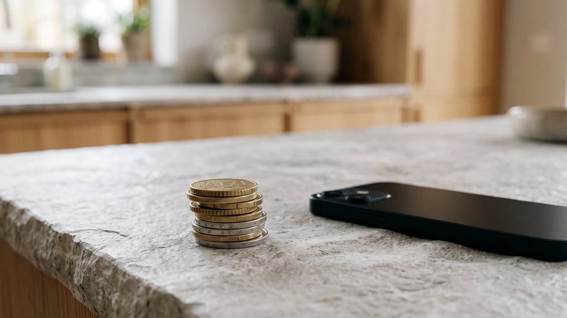 Petite pile de pièces de monnaie en euros à côté d'un smartphone retourné sur un plan de travail en pierre claire