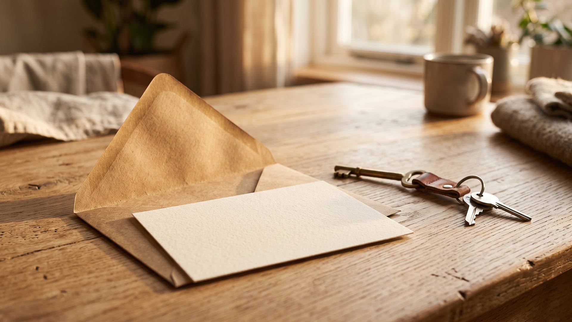 Enveloppe kraft ouverte laissant apparaître une carte cartonnée vierge, posée près d'un trousseau de clés