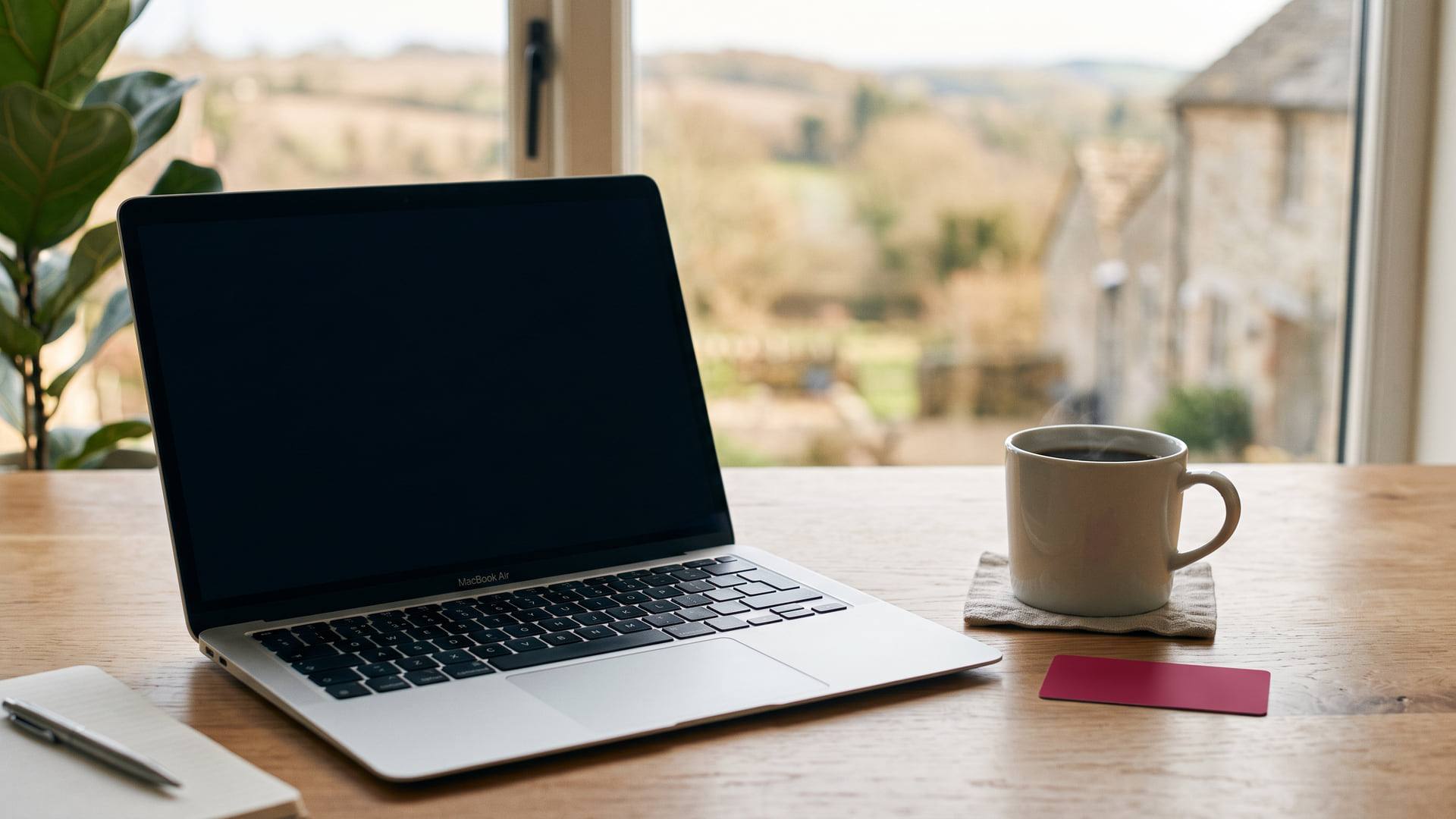 Ordinateur portable à l'écran éteint, carte bancaire neutre et tasse de café sur un bureau clair