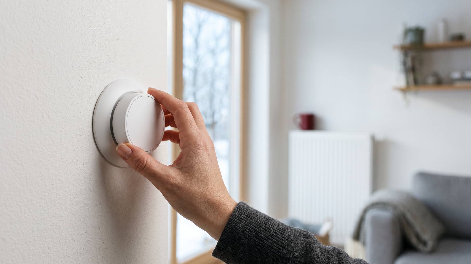 Main réglant un thermostat mural rond et blanc, radiateur visible en arrière-plan flou