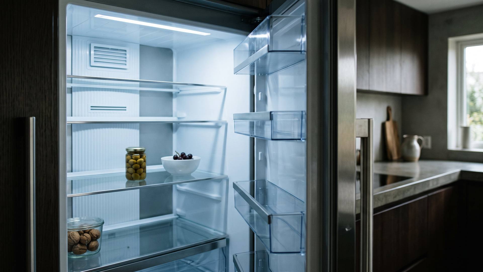 Intérieur d'un réfrigérateur ouvert aux clayettes en verre presque vides, éclairage intérieur froid