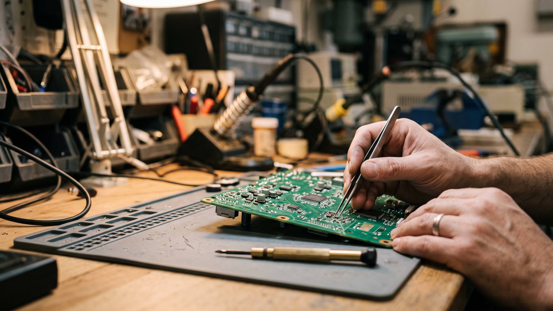 Plan de travail d'atelier de réparation électronique avec brucelles, tournevis de précision et carte électronique