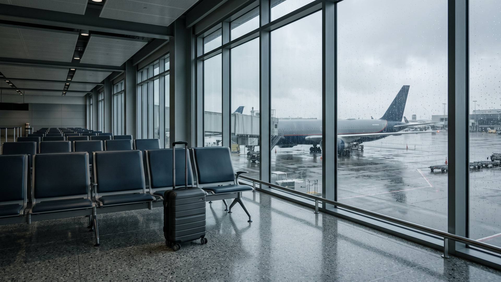 Rangée de sièges vides dans une salle d'embarquement, une valise cabine seule au sol devant un tarmac pluvieux