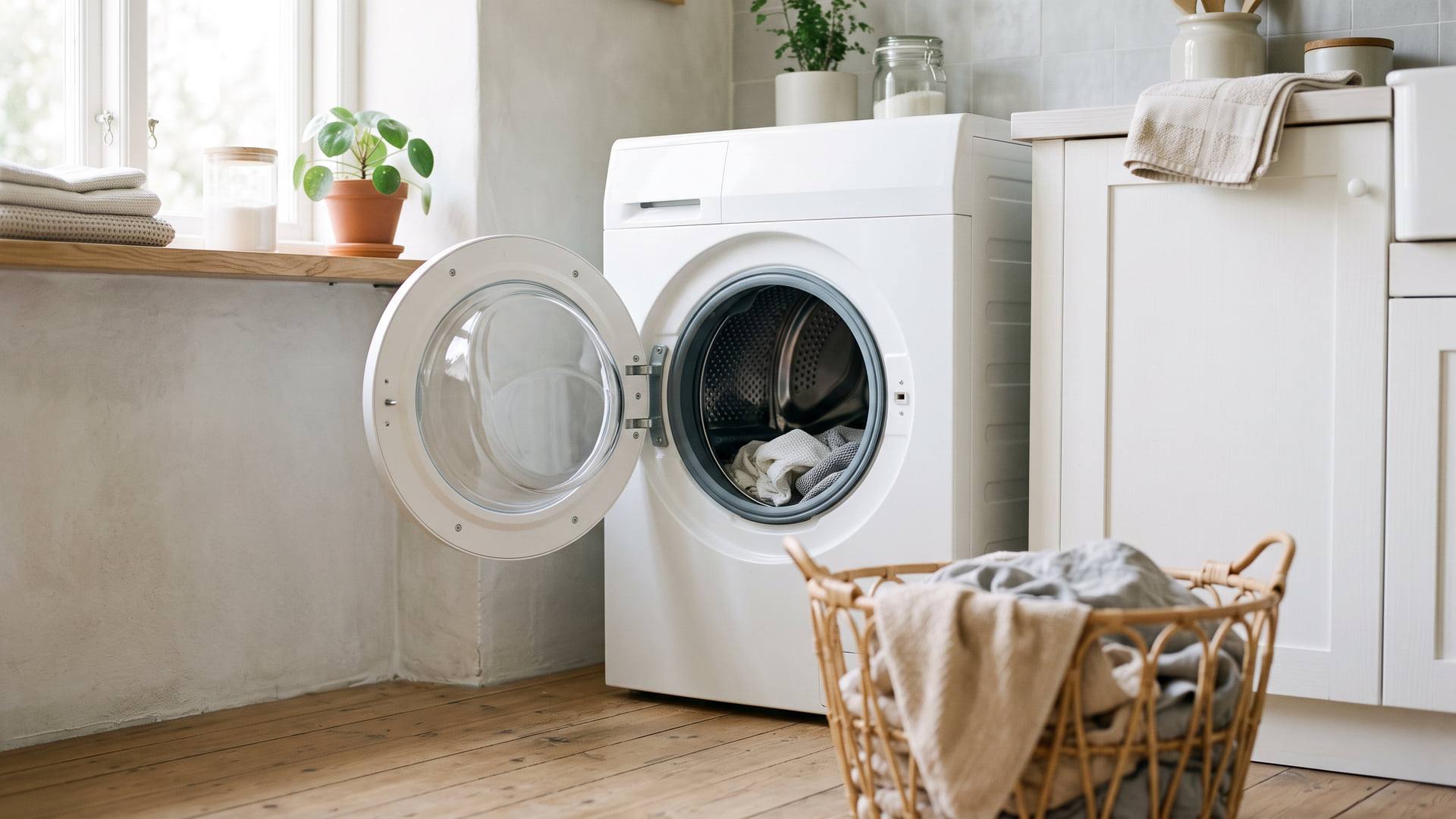 Lave-linge blanc entrouvert dans une buanderie claire, panier à linge en osier au premier plan