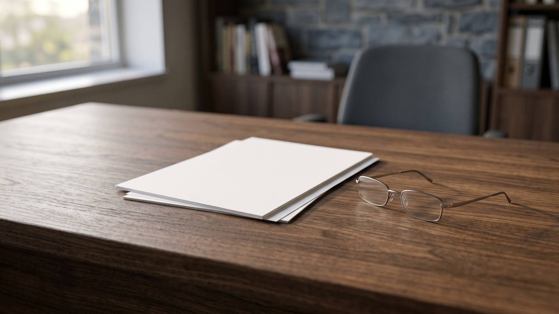 Paire de lunettes posée sur une pile de feuilles blanches vierges, sur un bureau en bois foncé