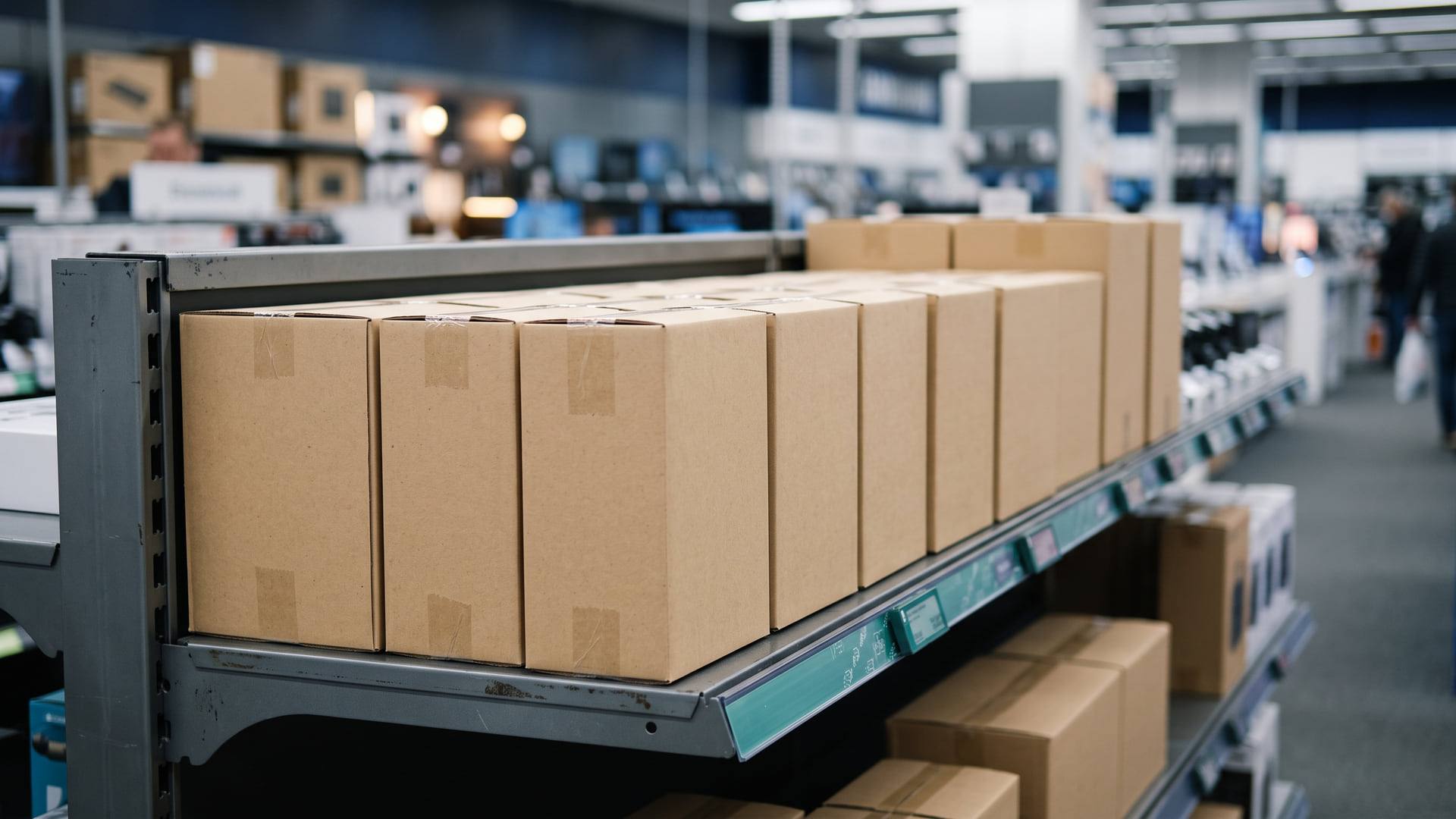 Rayon de magasin d'électronique avec des boîtes en carton neutre alignées sur une étagère métallique