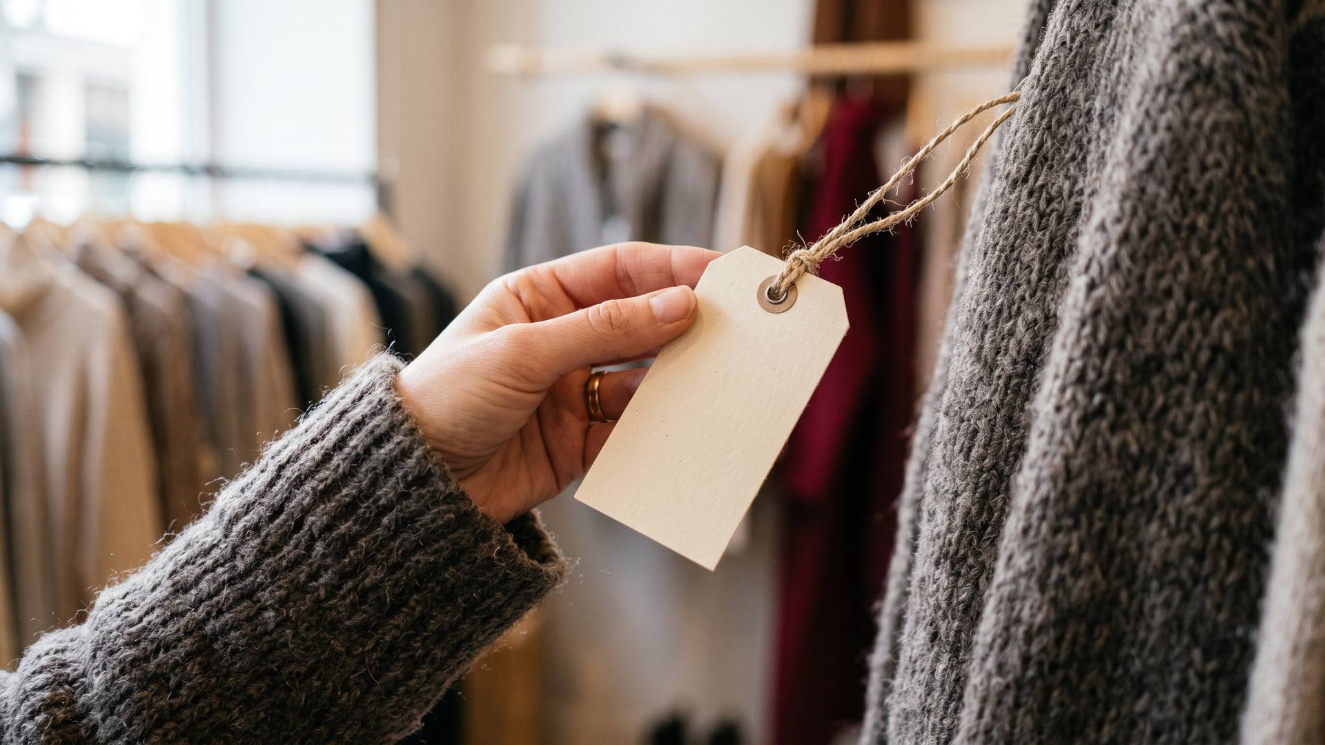 Main tenant une étiquette de prix cartonnée vierge attachée à un vêtement en laine, dans une boutique éclairée par la lumière du jour