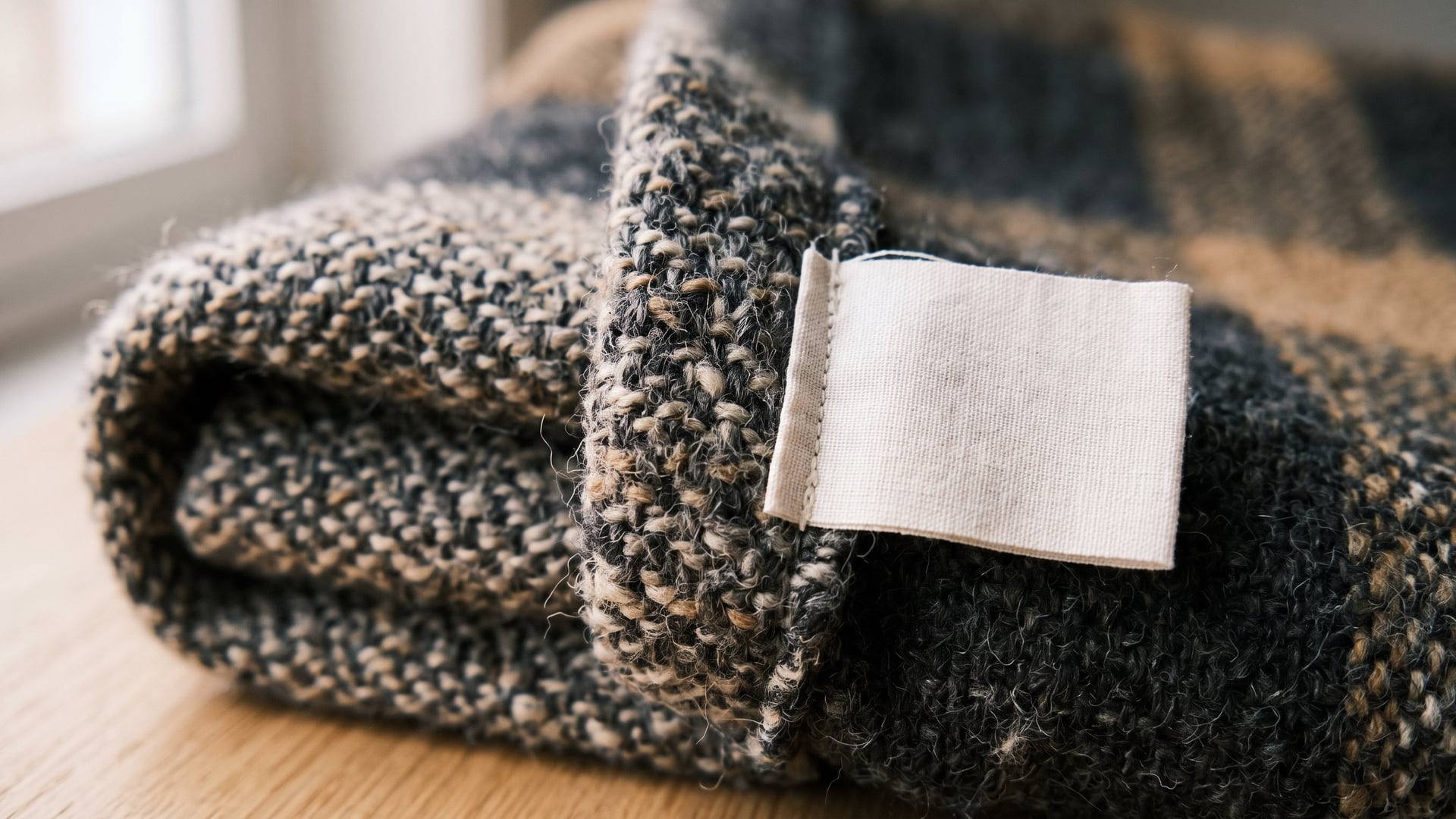 Gros plan macro sur le tissage d'un manteau de laine épaisse plié, à côté d'une étiquette textile vierge