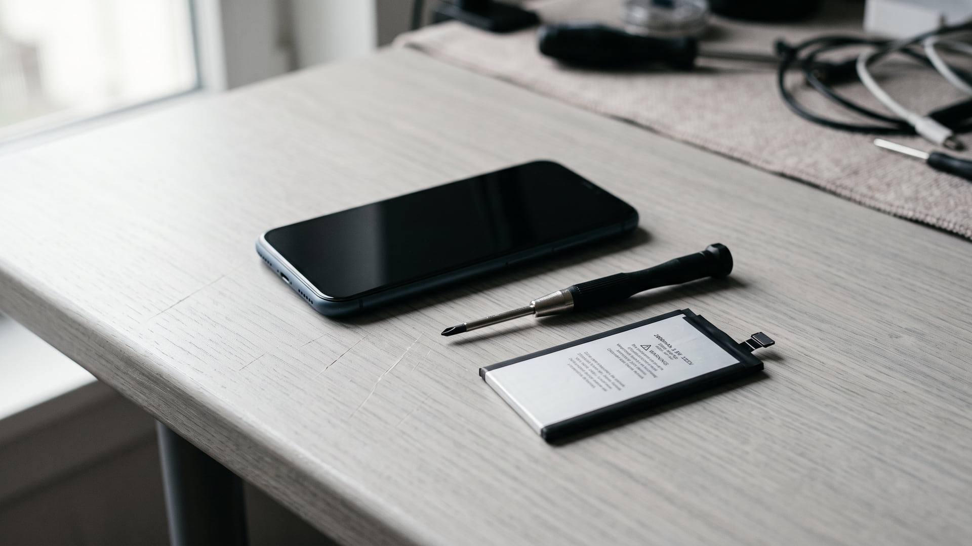 Smartphone éteint posé à plat, tournevis de précision et batterie détachée sur un plan de travail clair
