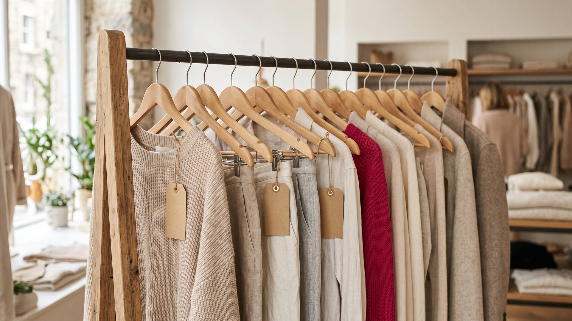 Portant de vêtements en lin et laine sur cintres en bois, étiquettes cartonnées vierges suspendues