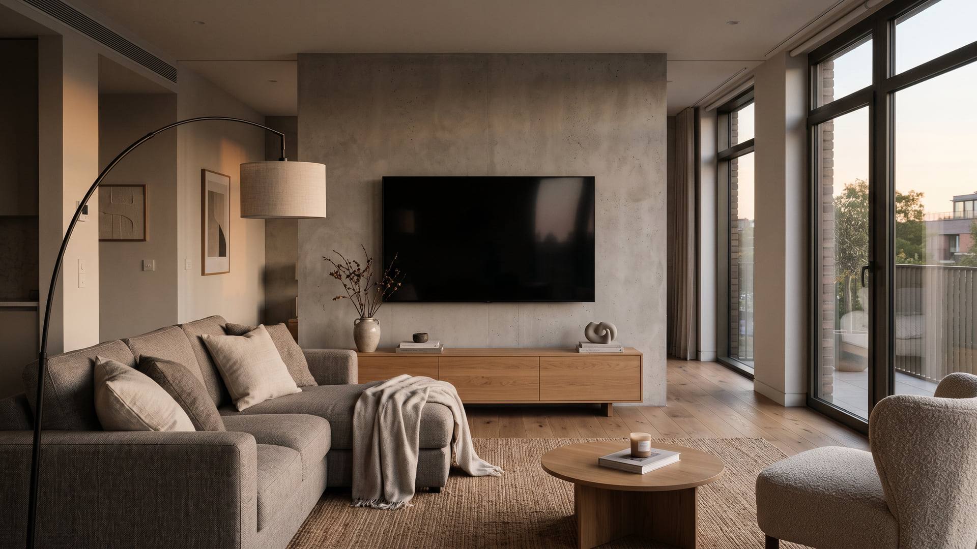 Salon contemporain avec un téléviseur mural à l'écran noir et éteint, éclairé par la lumière naturelle d'une fenêtre