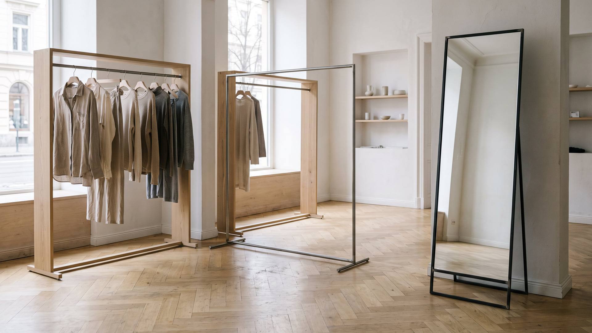 Intérieur de boutique de mode presque vide en fin de saison, portants dégarnis et miroir sur pied